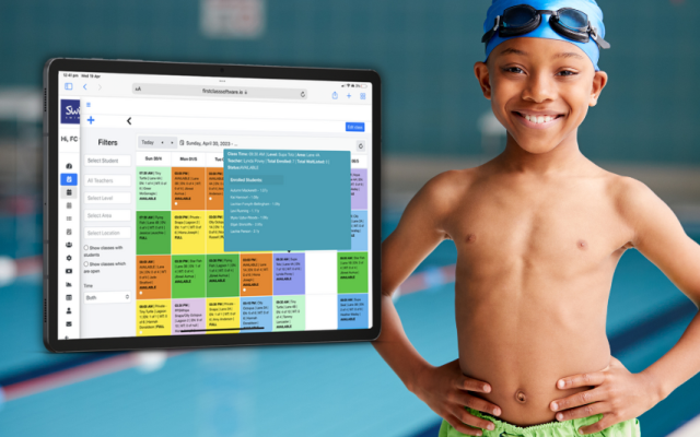 Swim school scheduling software with swimming school background