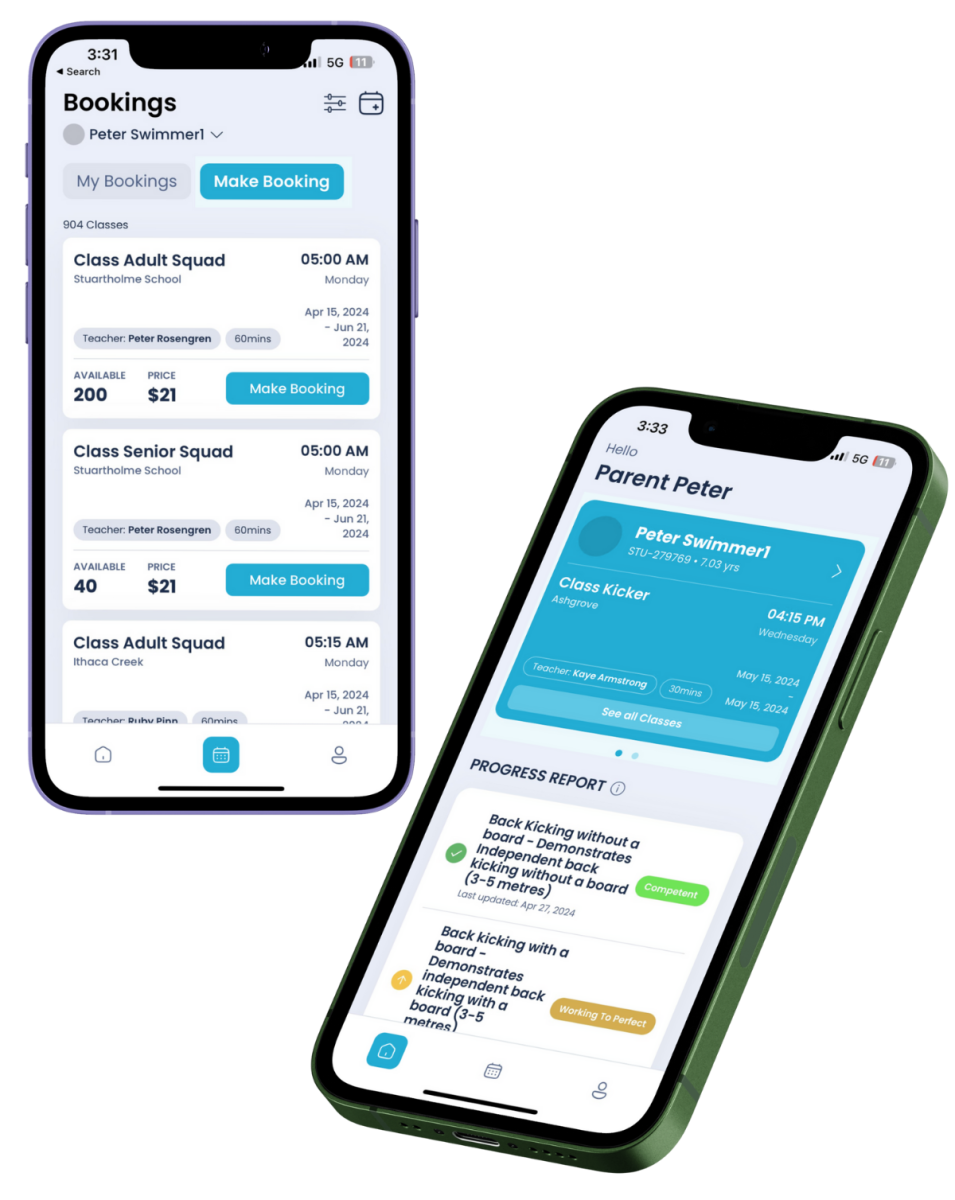 Screenshot of First Class swim school management software showing the mobile booking system and progress report features.