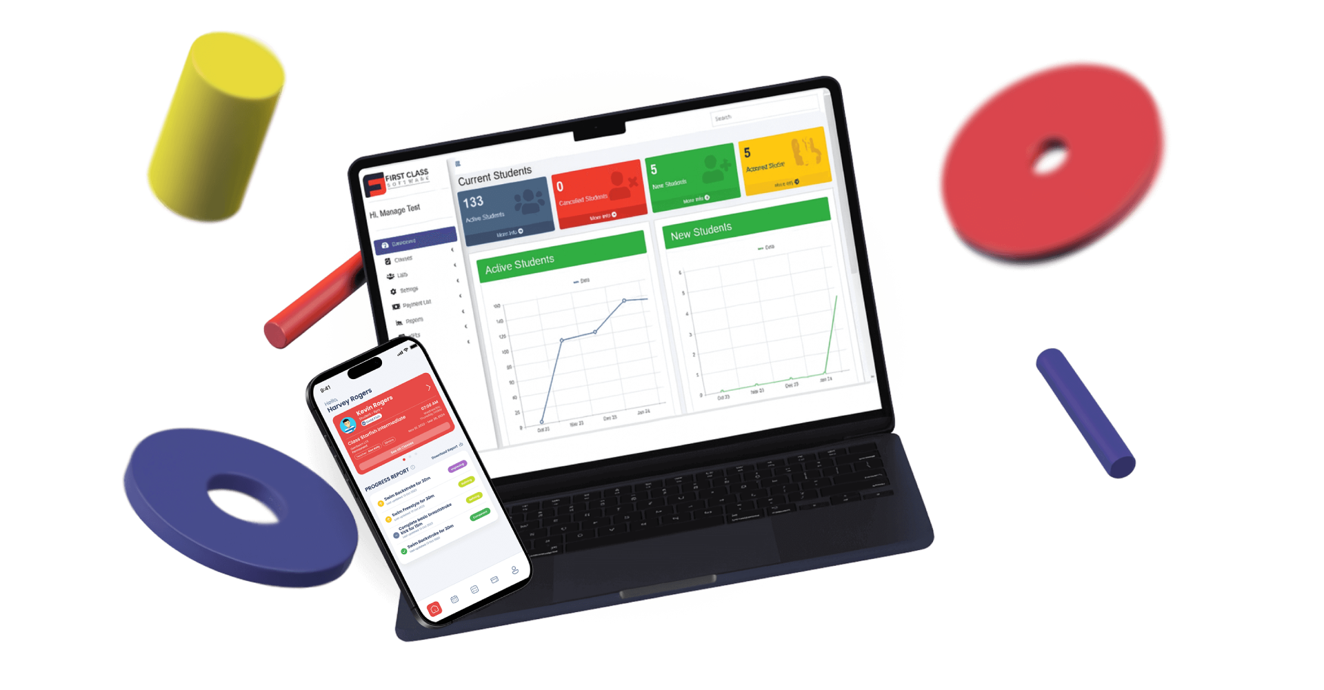 Laptop and smartphone displaying First Class Software’s scheduling dashboard with colorful class slots