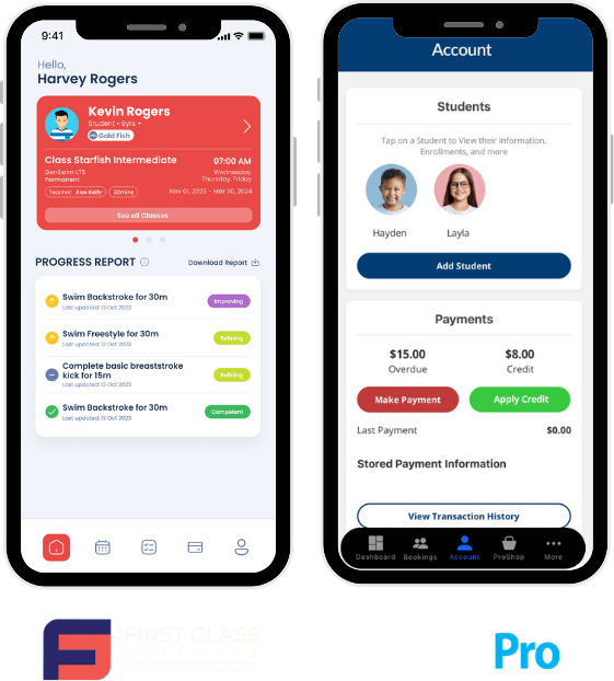 Mobile app comparison — left First Class Software student dashboard, right iClassPro account and payments screen.