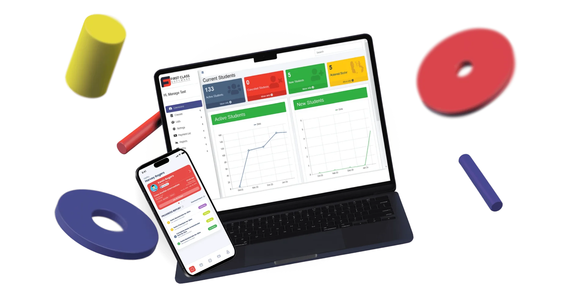 Laptop and smartphone displaying First Class Software’s scheduling dashboard with colorful class slots